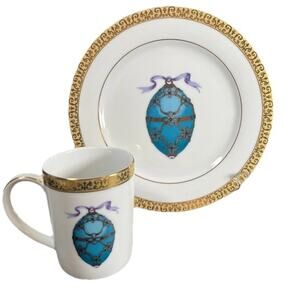 Gold Buffet Royal Gallery Teal Blue Faberge Egg Dessert Plate & Cup 22k Gold